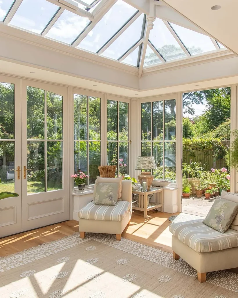 Airy Glass Sunroom with Garden Facing Chairs