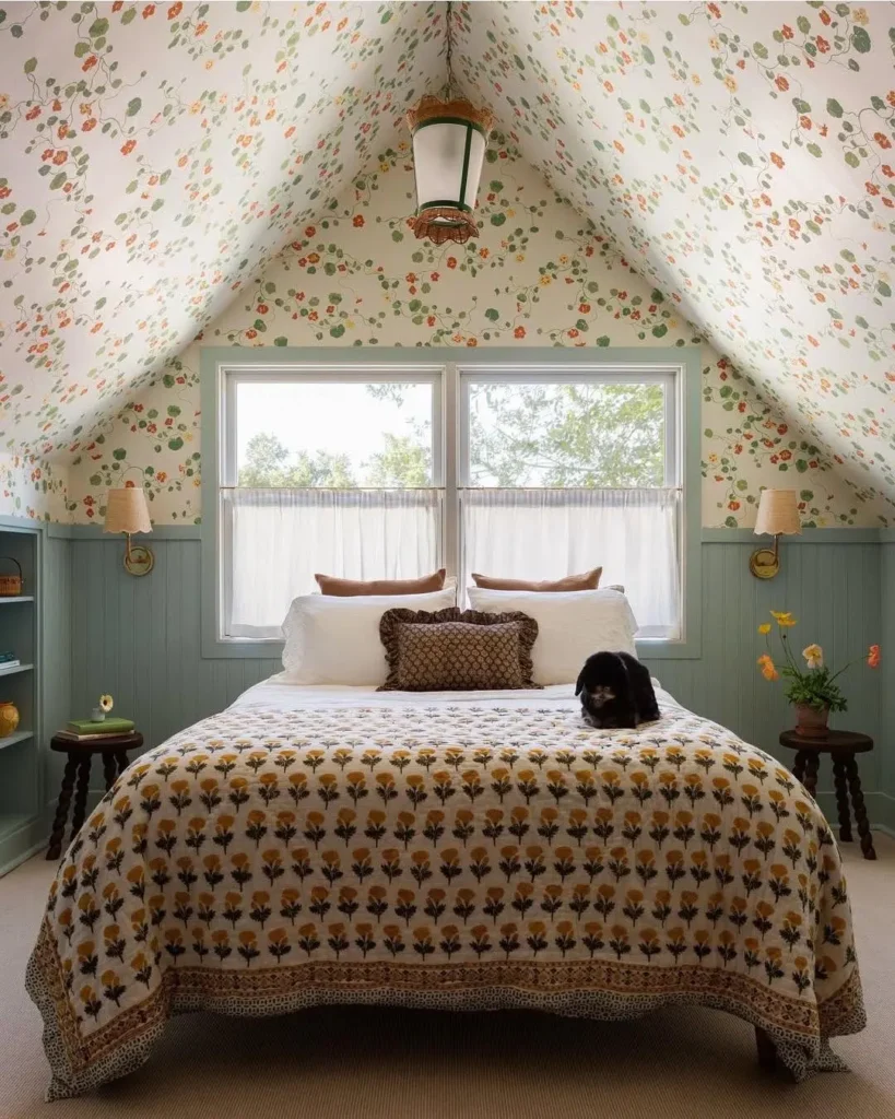 Attic Bedroom with Delicate Botanical Wallpaper