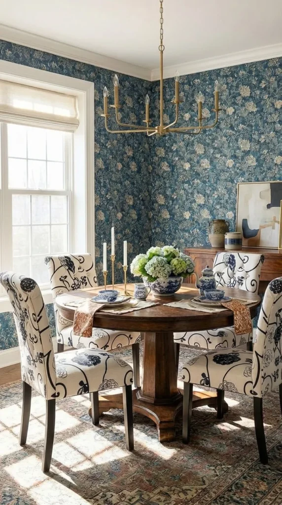 Blue Floral Wallpaper Dining Room