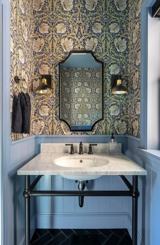 Blue Floral Wallpaper Powder Room