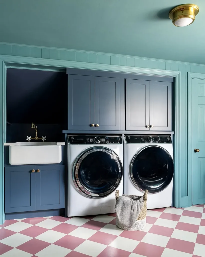 Blue Laundry Room with Pink Check Floor