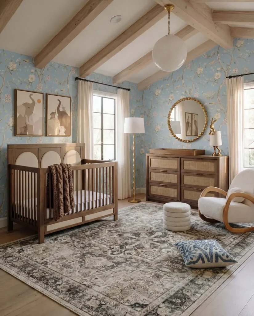 Blue Nursery With Warm Wood Accents