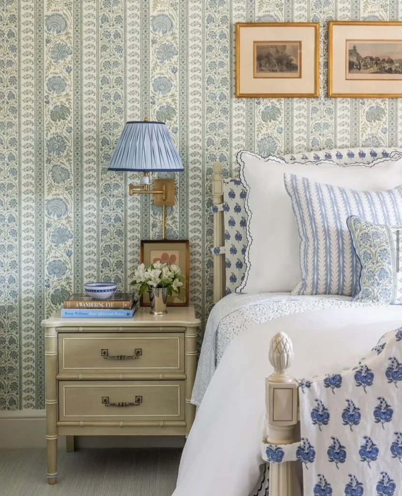 Blue Stripe Floral Wallpaper for a Fresh Classic Bedroom