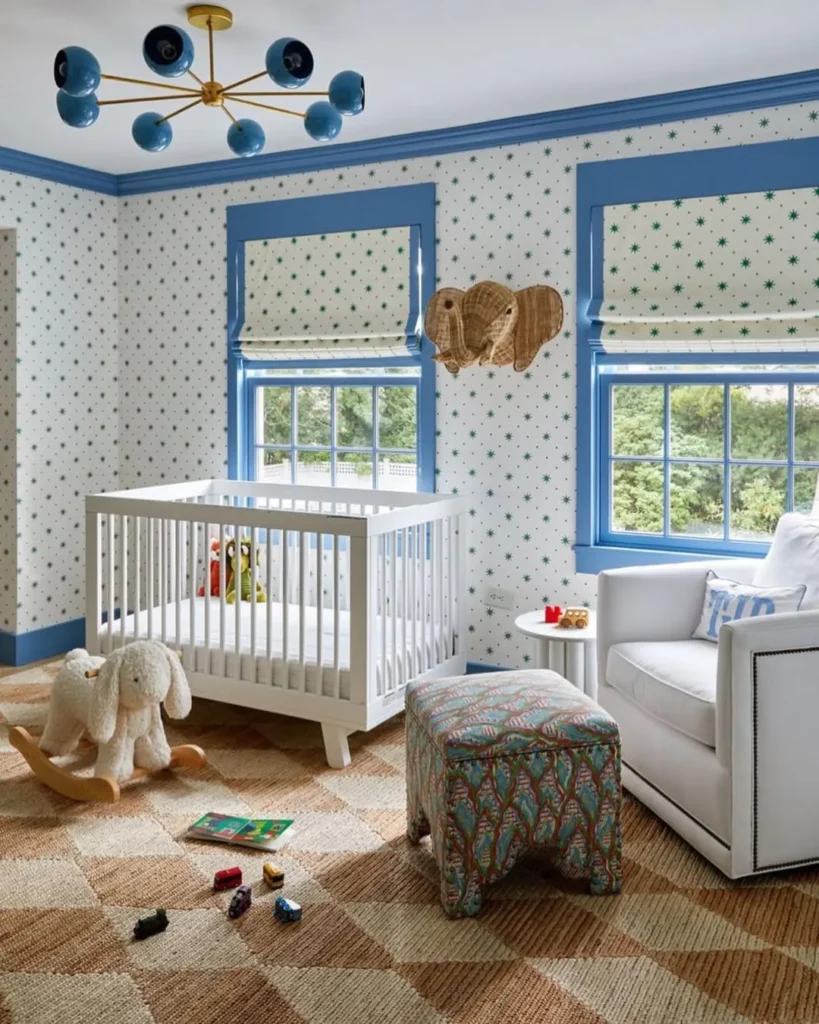 Blue and White Nursery with Playful Patterned Walls