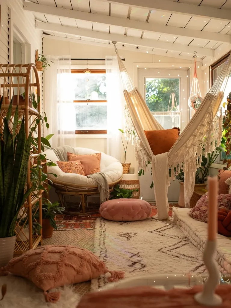 Boho Sunroom with Hammock and Warm Textures