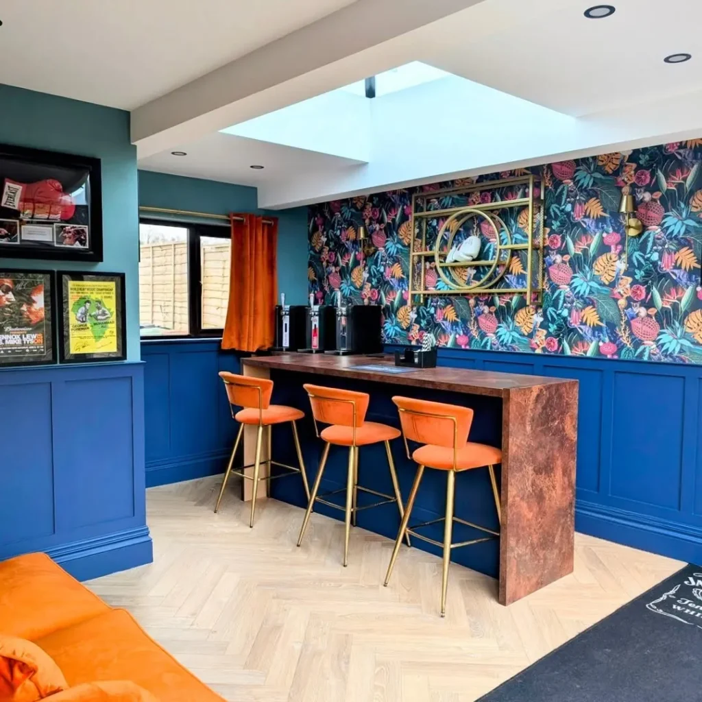 Bold Blue and Orange Home Bar