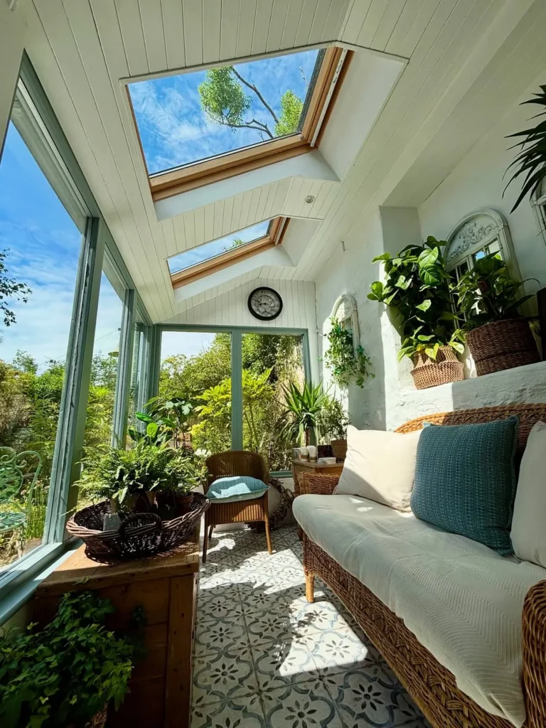 Bright Skylit Sunroom with Wicker Seating
