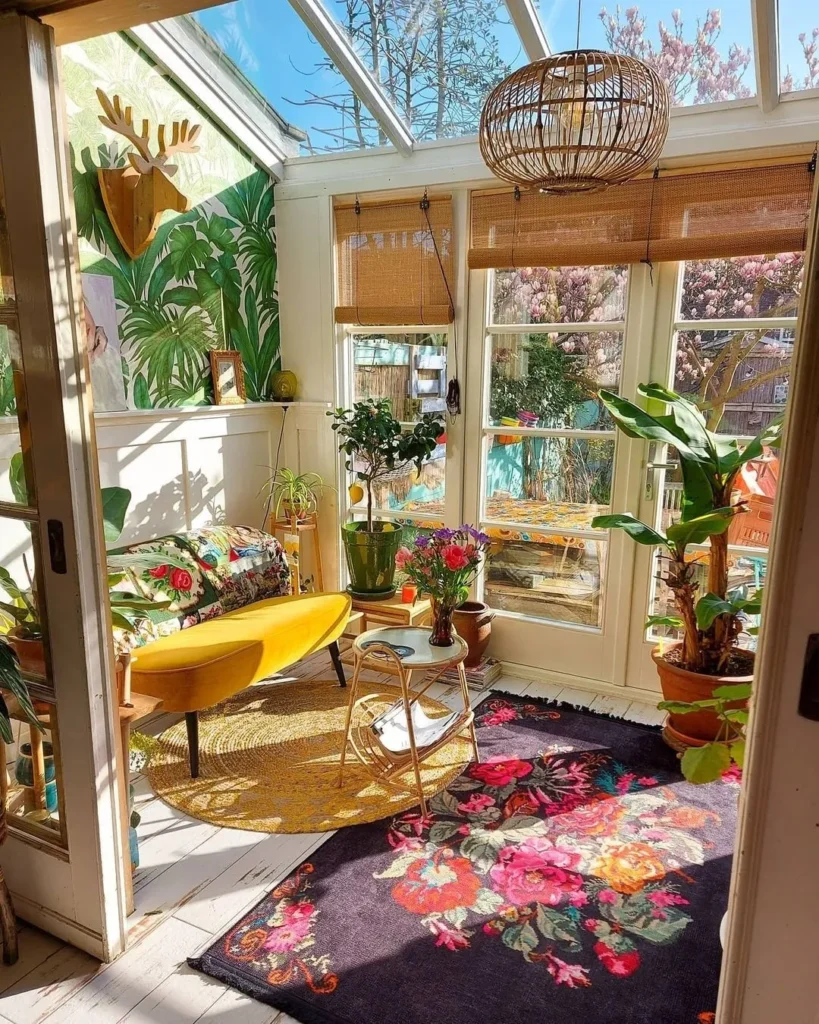 Bright Tropical Sunroom with Floral Rug