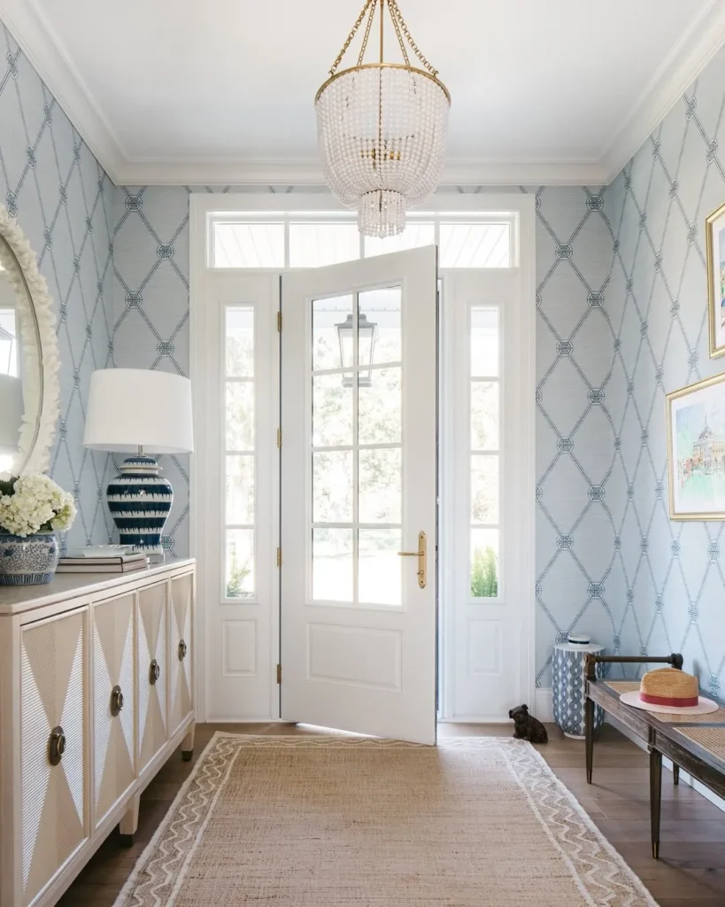 Coastal Blue Entryway with Elegant Wallpaper