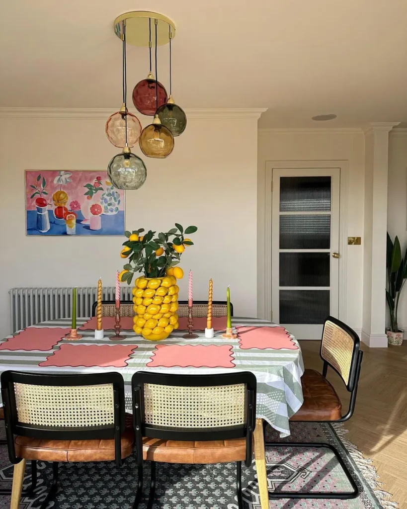 Colorful Dining Room with Glass Pendant