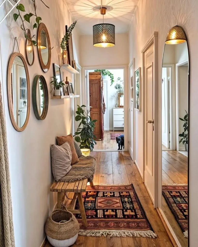 Cozy Narrow Entryway with Boho Mirrors