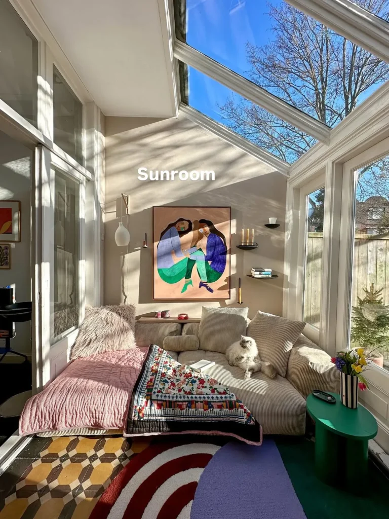 Cozy Sunroom Corner with Colorful Rug