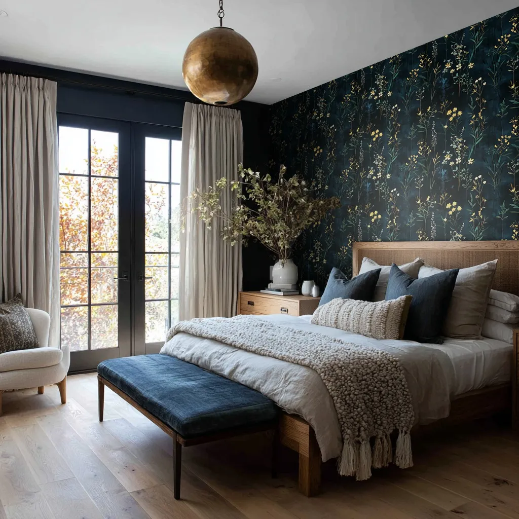 Dark Botanical Wallpaper for a Cozy Luxe Bedroom