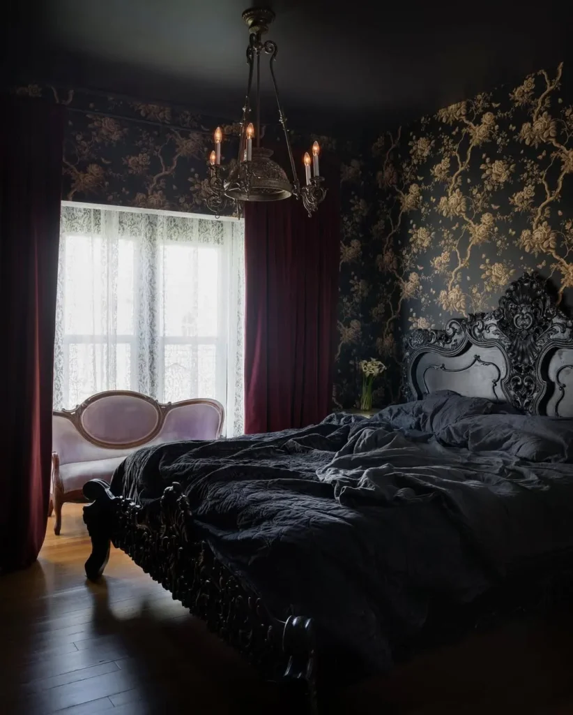 Dark Vintage Wallpaper for a Moody Gothic Bedroom