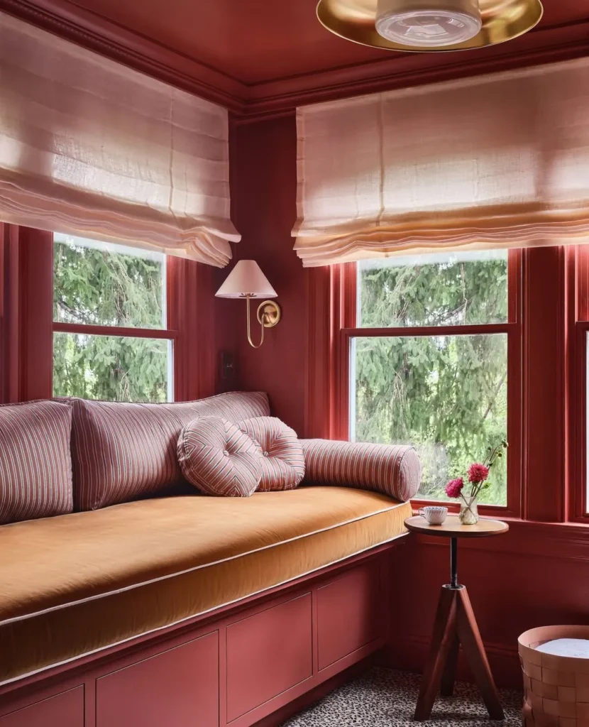 Deep Red Sunroom with Built In Window Bench