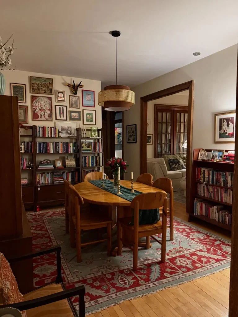 Eclectic Small Dining Room with Bookshelves