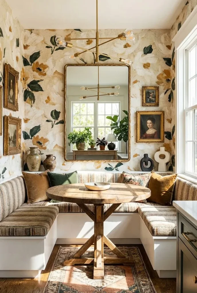 Floral Breakfast Nook with Rustic Table