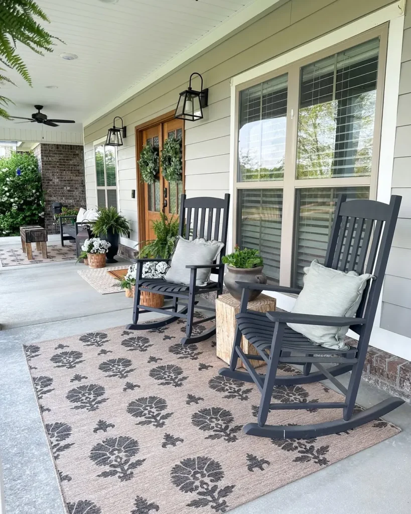 Front Porch Rocking Chairs with Patterned Rug