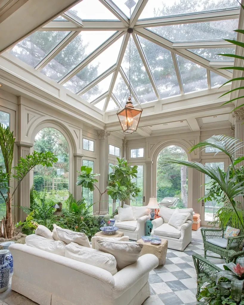 Grand Glass Conservatory with Indoor Plants