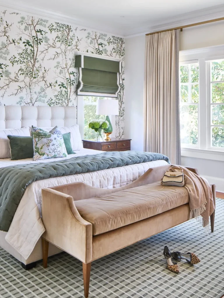 Green Branch Wallpaper for a Fresh Classic Bedroom