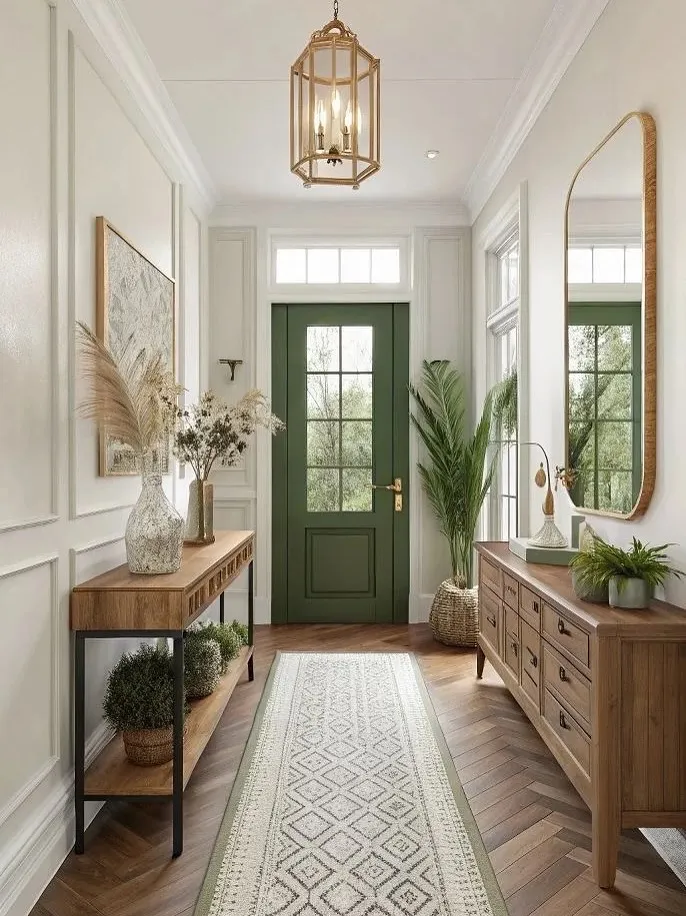Green Door Entryway with Warm Wood Accents