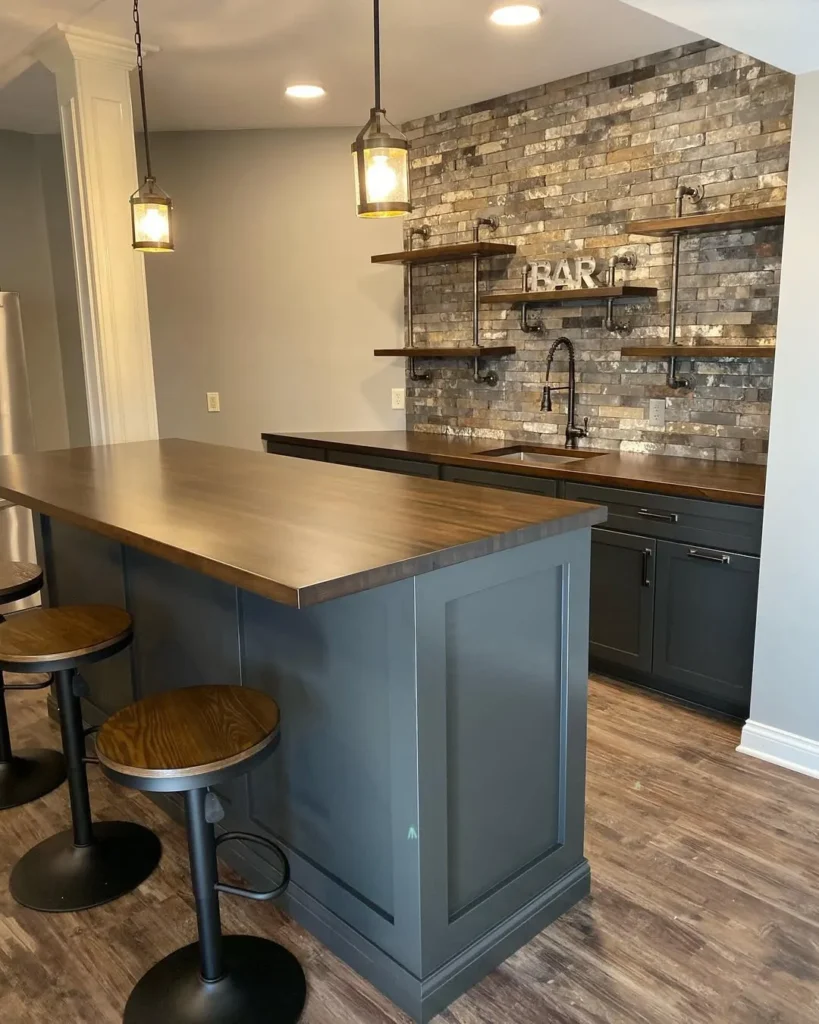 Industrial Chic Basement Bar with Island