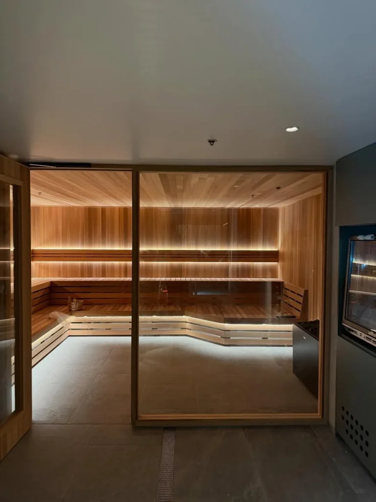 Large Glass Sauna with Soft Lighting