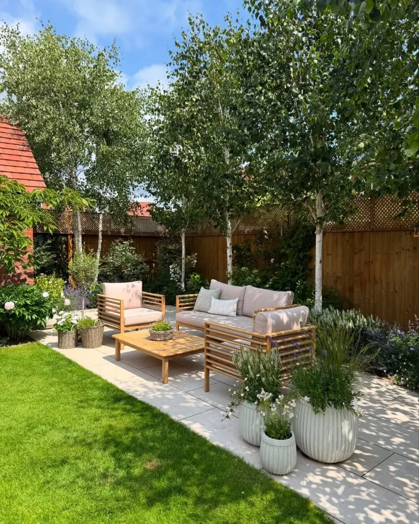 Leafy Backyard Lounge with Soft Neutrals