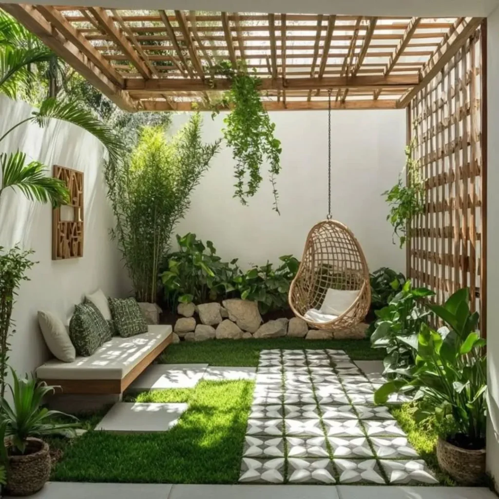 Lush Courtyard with Hanging Chair