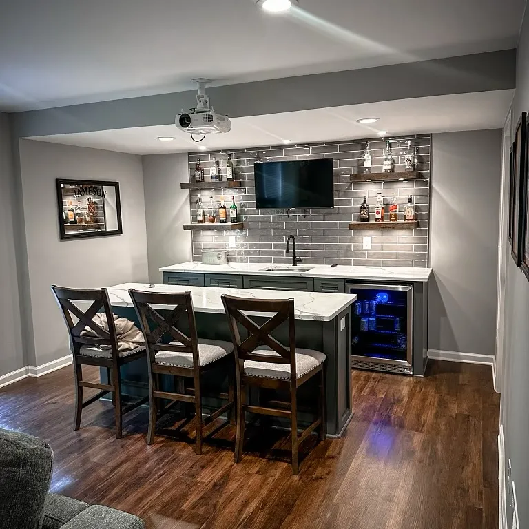 Modern Gray Basement Bar with Island