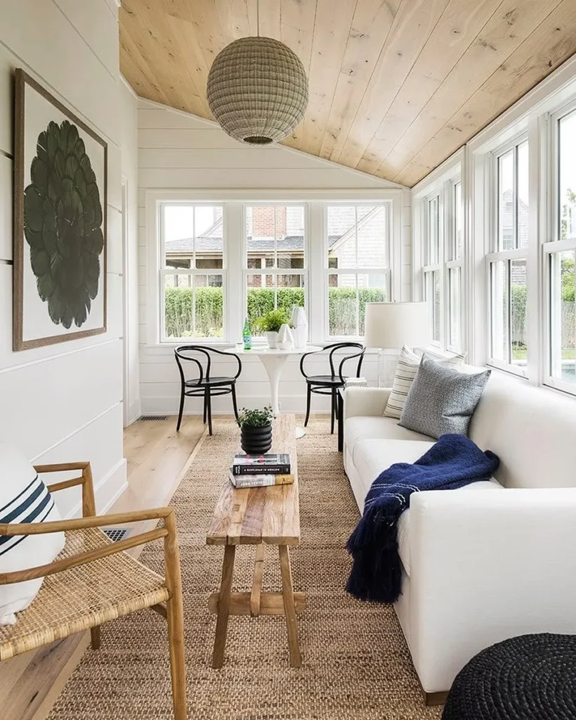 Narrow Sunroom with Light Wood Ceiling
