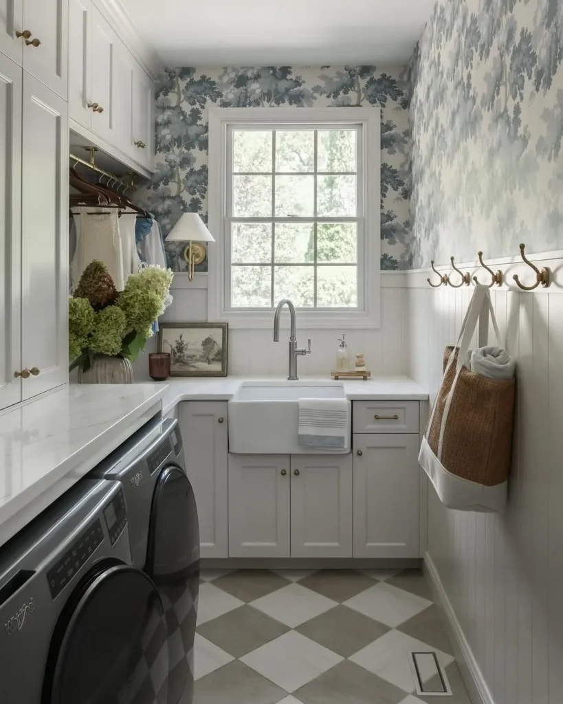 Narrow White Laundry Room
