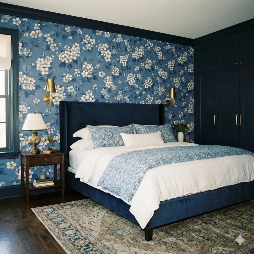 Navy Floral Wallpaper for a Bold Elegant Bedroom