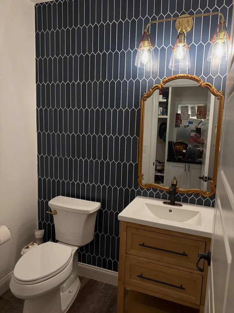 Navy Geometric Accent Wall Bathroom