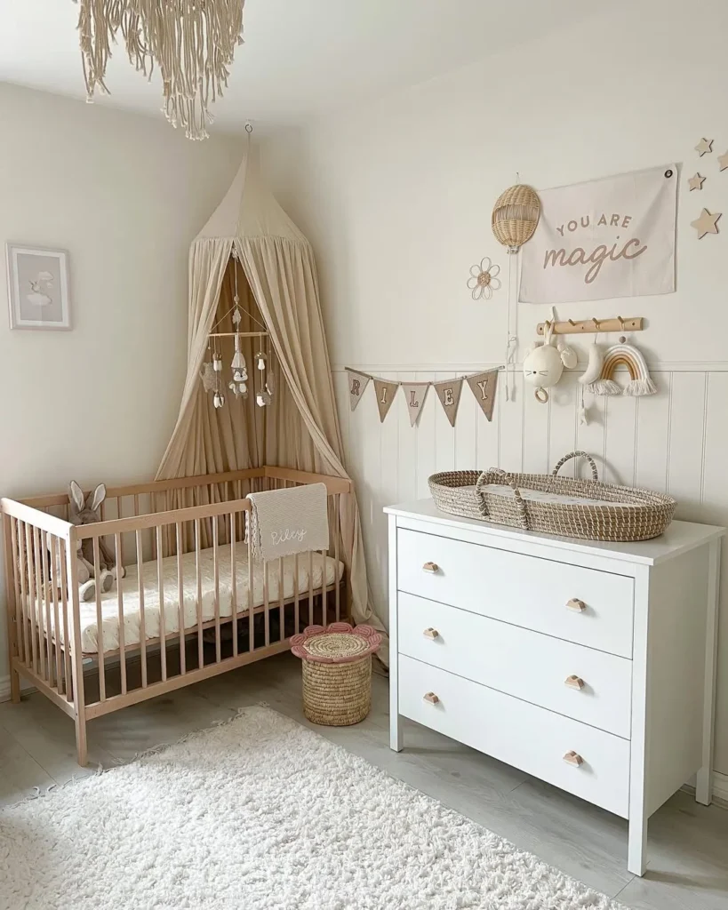 Neutral Boho Nursery With Soft Canopy Charm