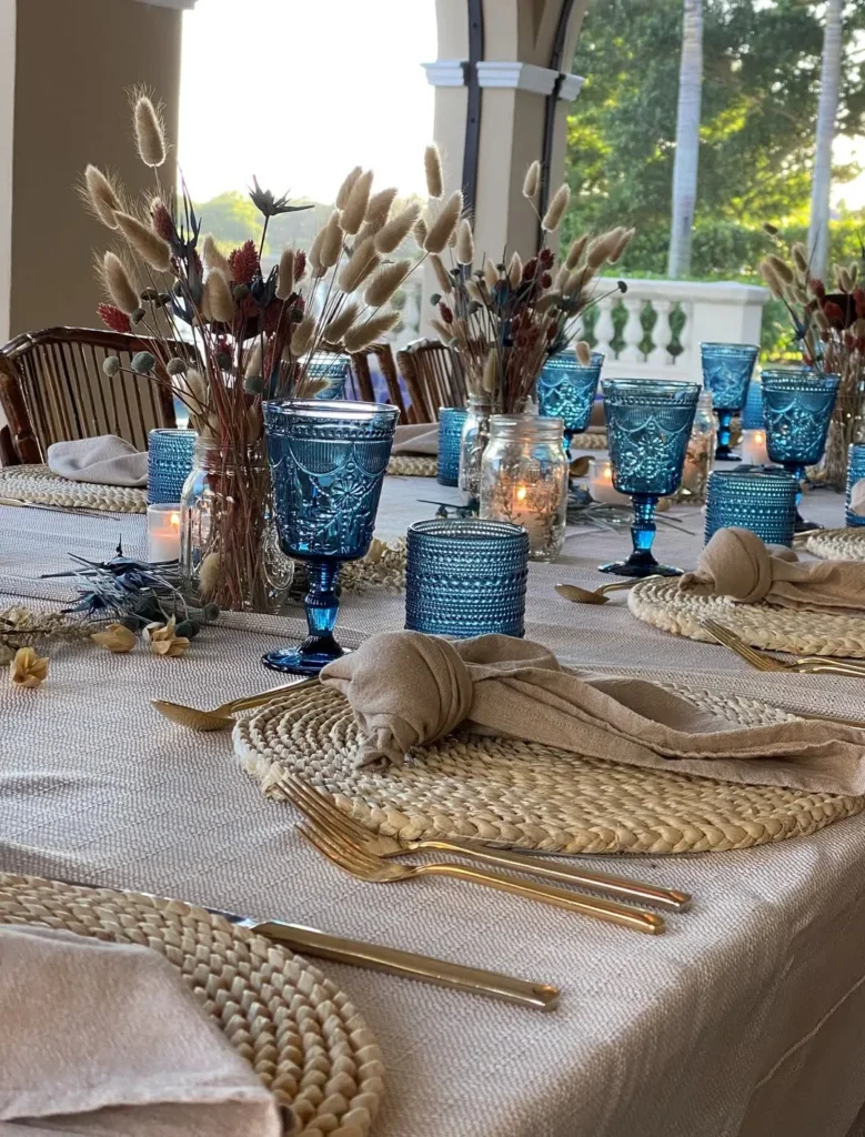 Neutral Coastal Tablescape with Blue Glassware