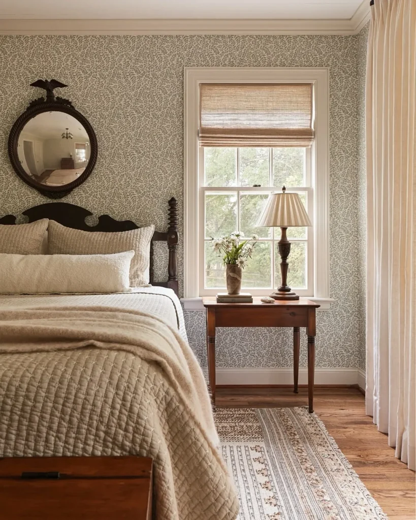 Neutral Leaf Wallpaper for a Cozy Classic Bedroom