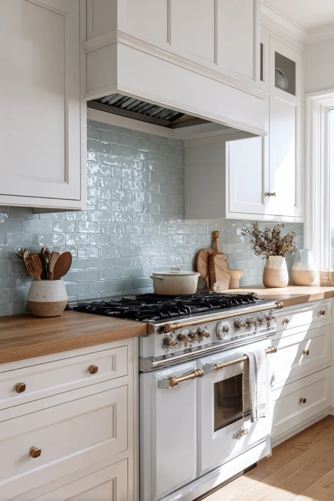 Pale Blue Handmade Tile Stove Area