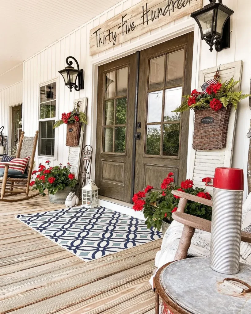 Patriotic Porch Decor with Red Flowers