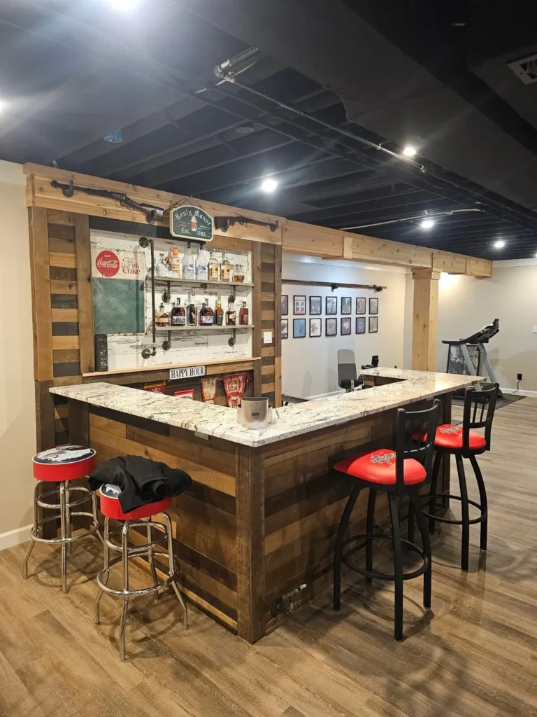 Rustic Corner Basement Bar with Wood Accents