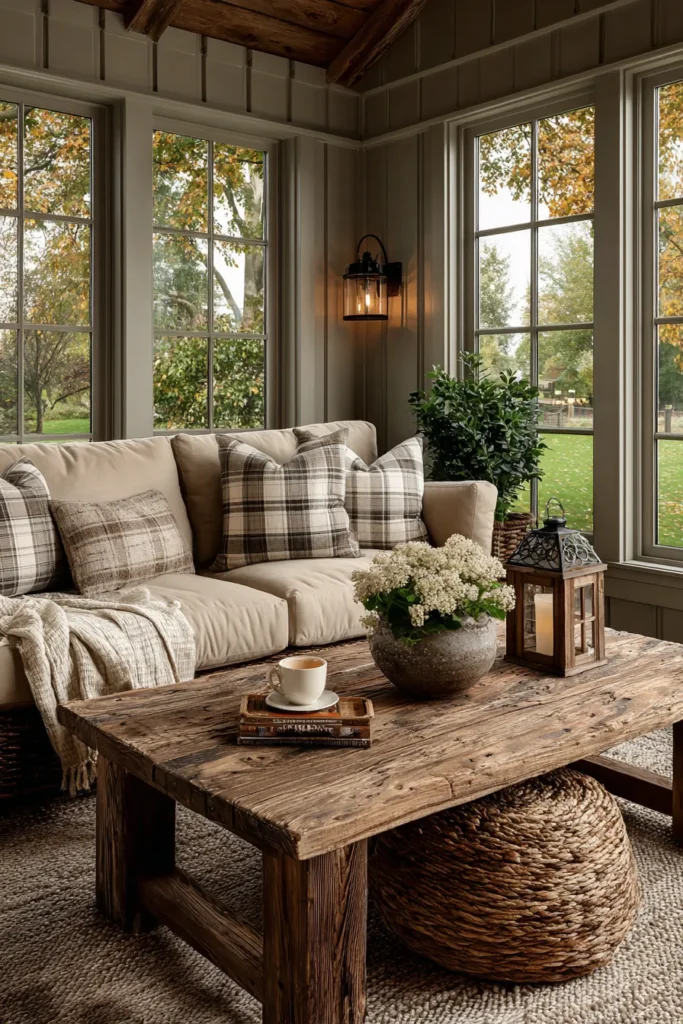 Rustic Sunroom Lounge with Wooden Coffee Table