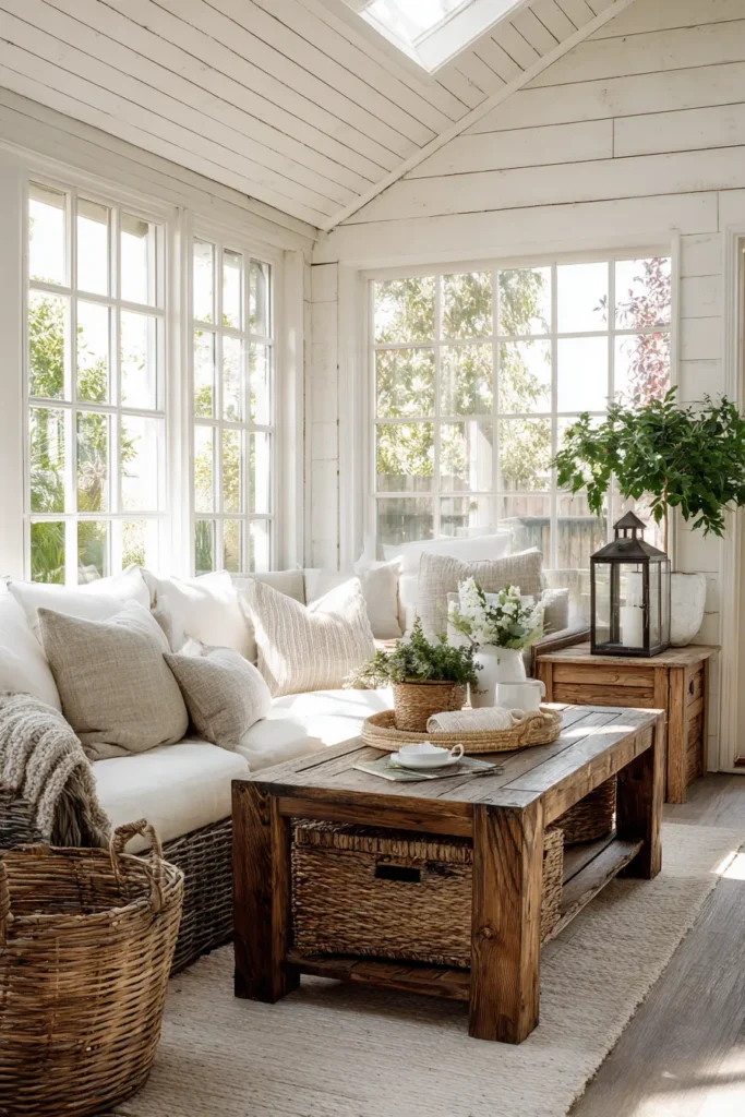 Rustic White Sunroom with Woven Baskets and Wood Table