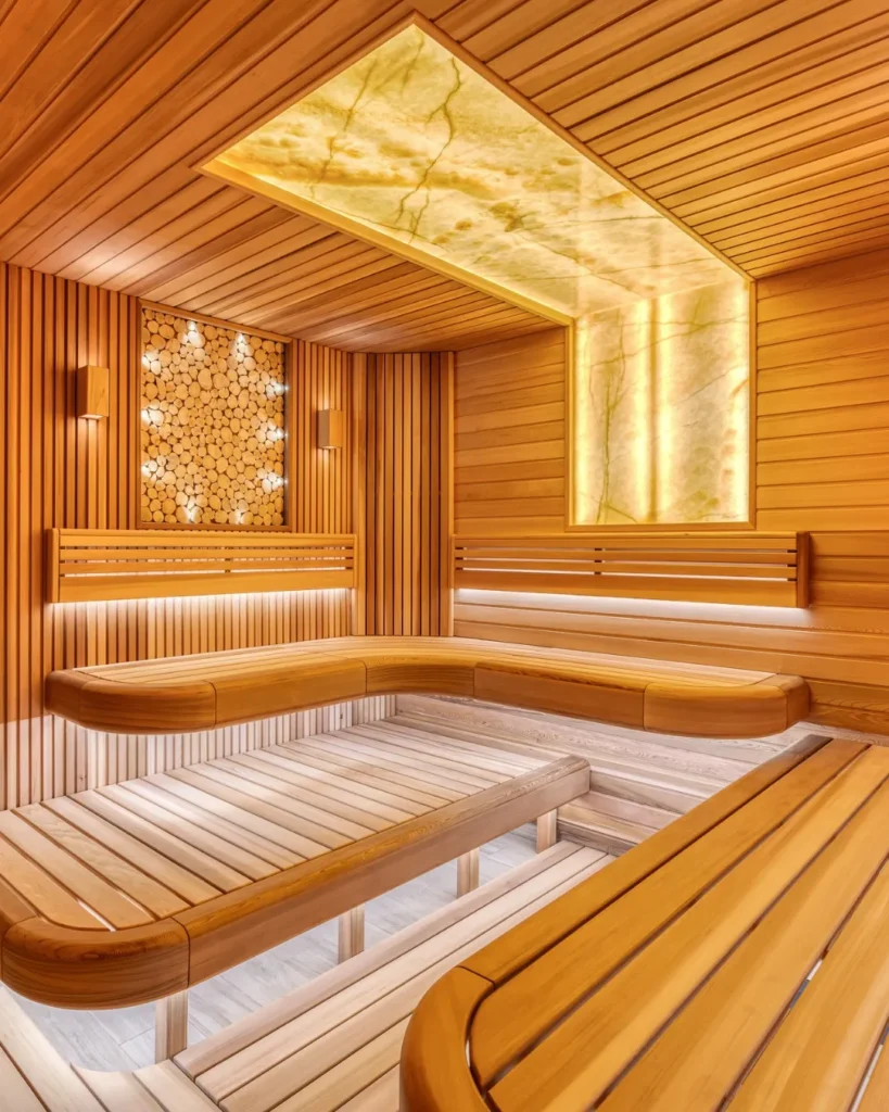 Sauna with Backlit Stone Ceiling Detail