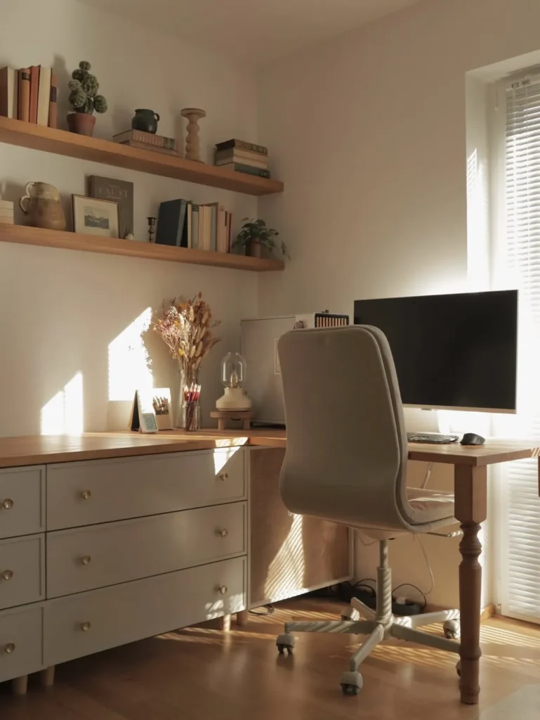 Soft Beige Corner Desk Workspace