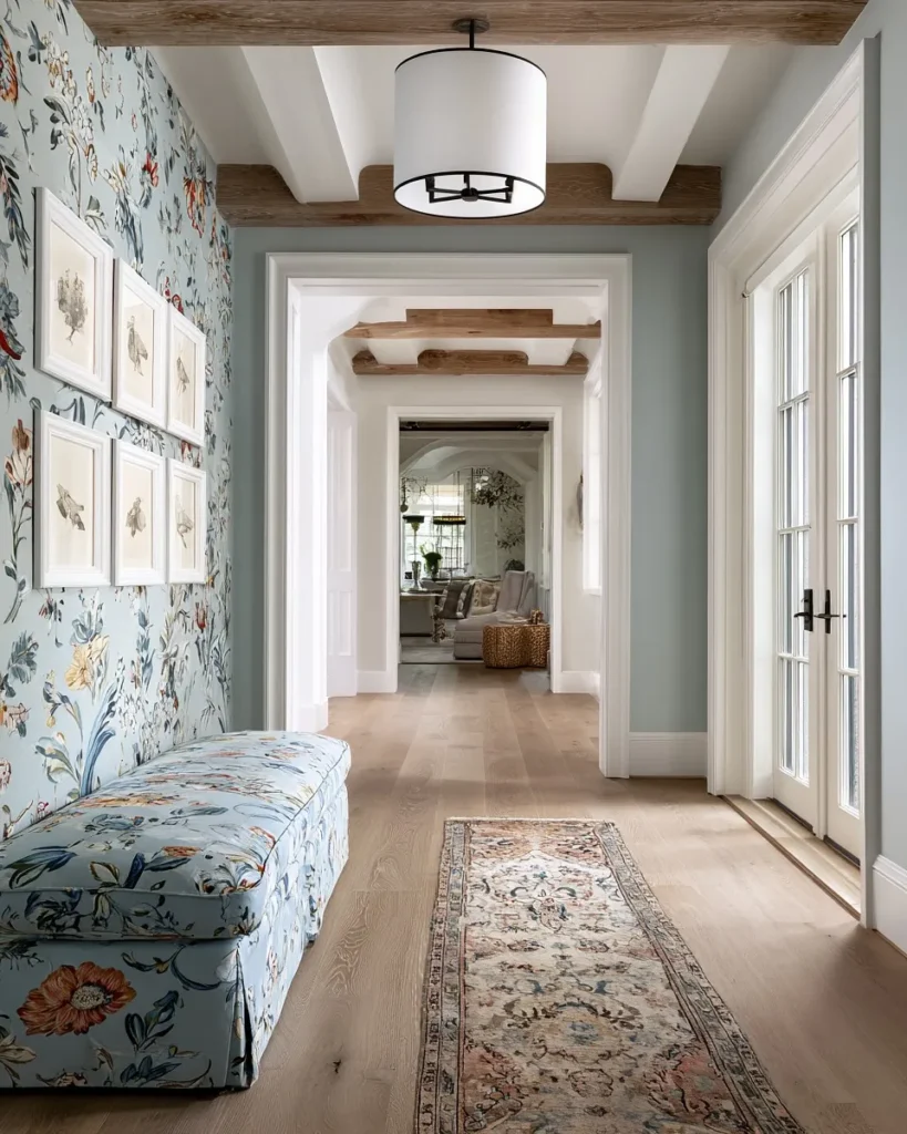 Soft Floral Entryway with Built-In Bench