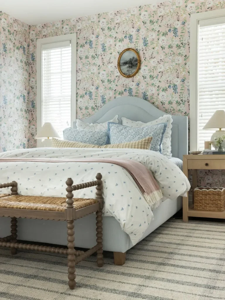Soft Floral Wallpaper for a Light Blue Bedroom