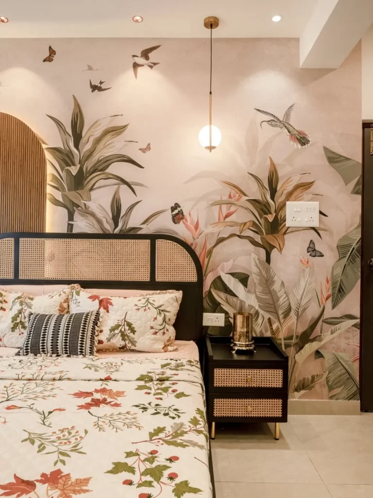 Soft Tropical Mural Wallpaper for a Warm Modern Bedroom