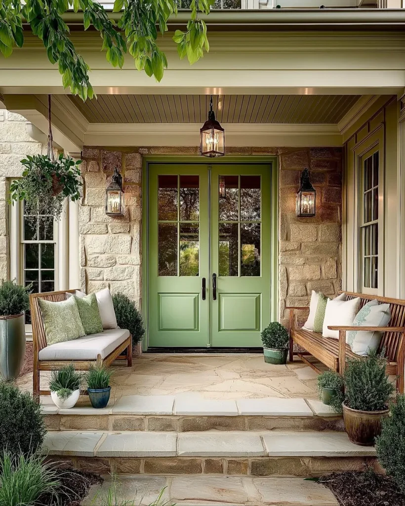 Stone Entryway with Green Double Doors