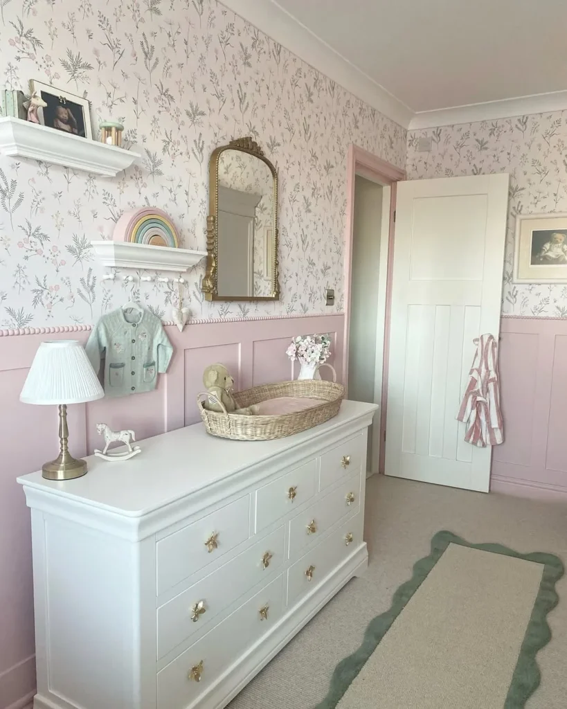 Sweet Floral Nursery With Classic Pink Paneling