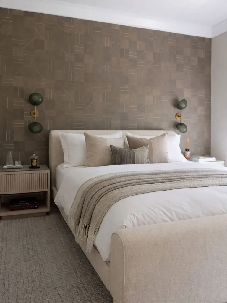 Taupe Geometric Wallpaper for a Modern Neutral Bedroom